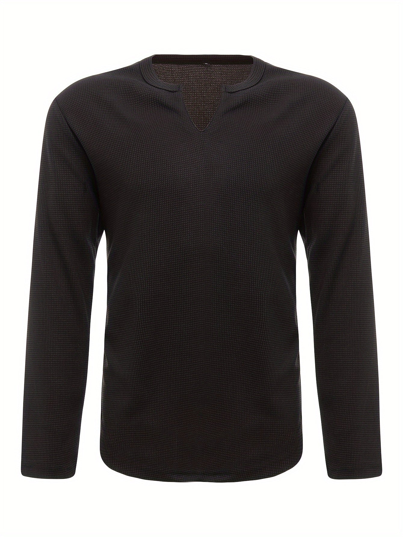 T-Shirt Homme Manches Longues Col en V Gaufre - Slim, 100% Polyester, Blanc Beige Noir, S-XXXL