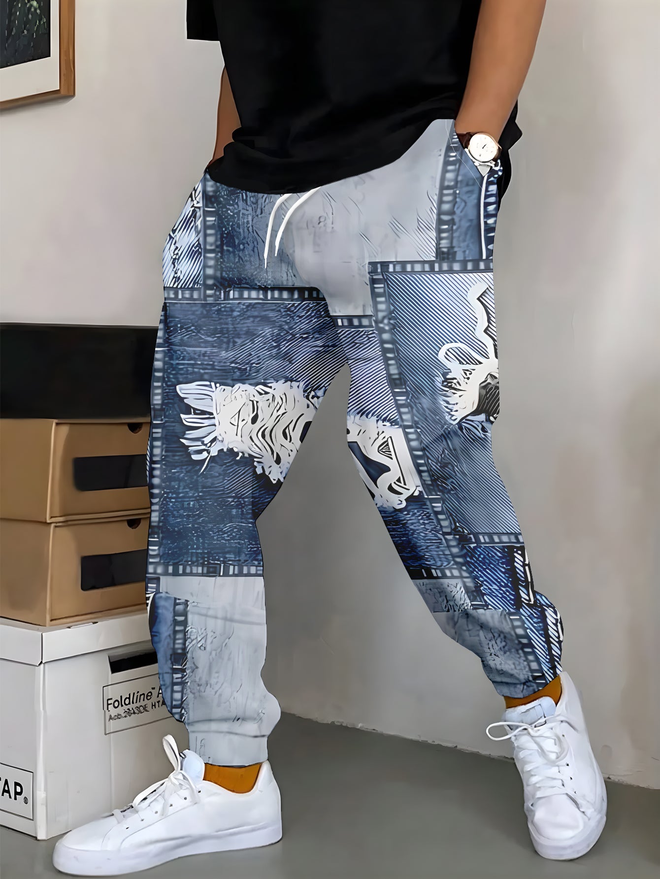 Pantalon jogging homme denim patchwork delave - Ourlet effiloche, poches dechirees, polyester stretch, bleu