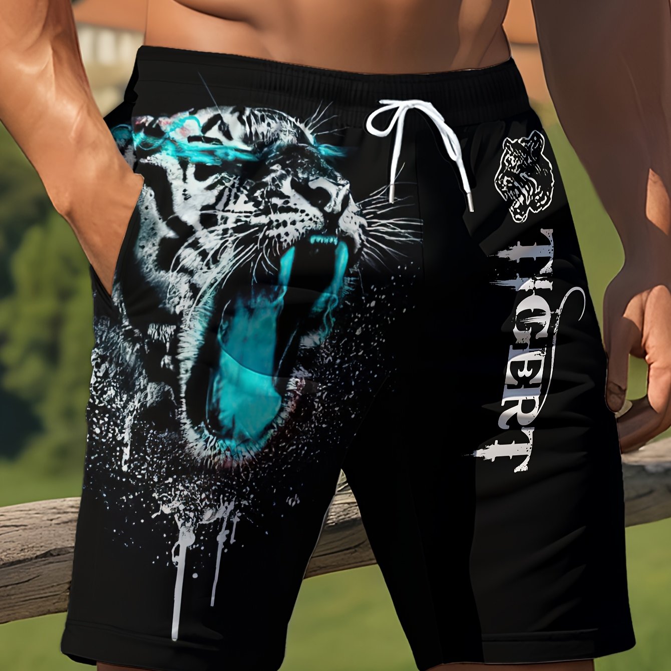 Short Homme Plage Ete Motif Tigre Feroce Geometrique - 95% Polyester Elasthanne Coupe Standard Bleu Noir FR S-XXL