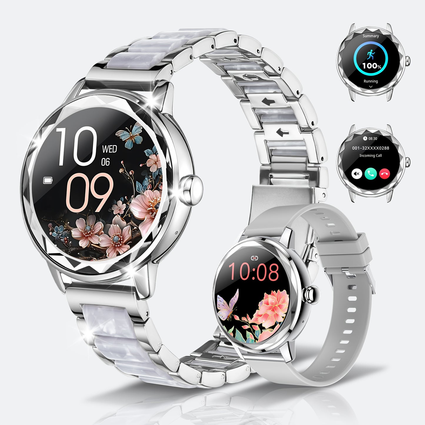 Montre Connectee Femme Elegante Bracelet Acier Inoxydable Ecran TFT 1.19 Bluetooth 5.3 - Suivi Cycle Sommeil Calories Podometre Compatible Android iPhone Rose Dore Argente