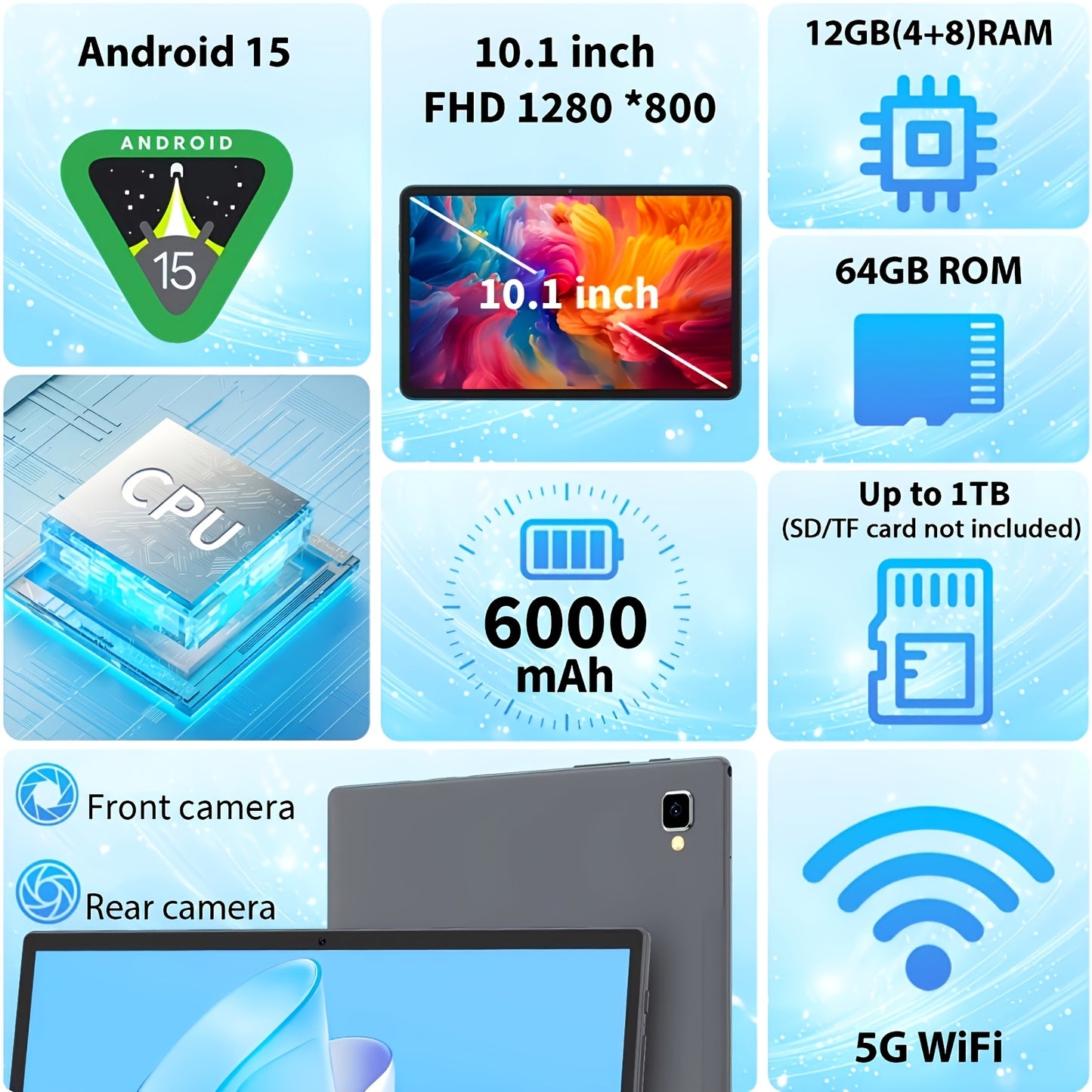 Tablette Android 15 10,1 Pouces 12Go RAM 64Go - 2-en-1 WiFi 6 Double Camera