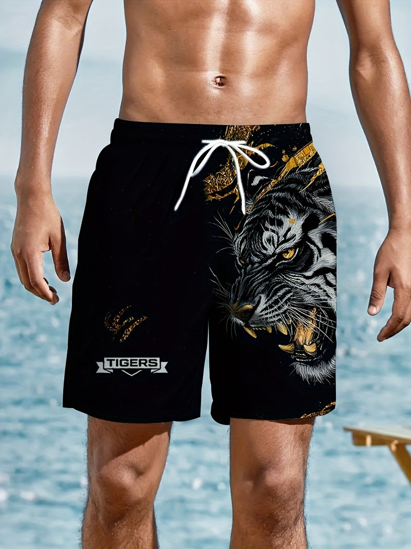 Short Homme Motif Tigre Noir et Or Cordon Serrage 100% Polyester Coupe Standard - Decontracte Plage FR S-XXL