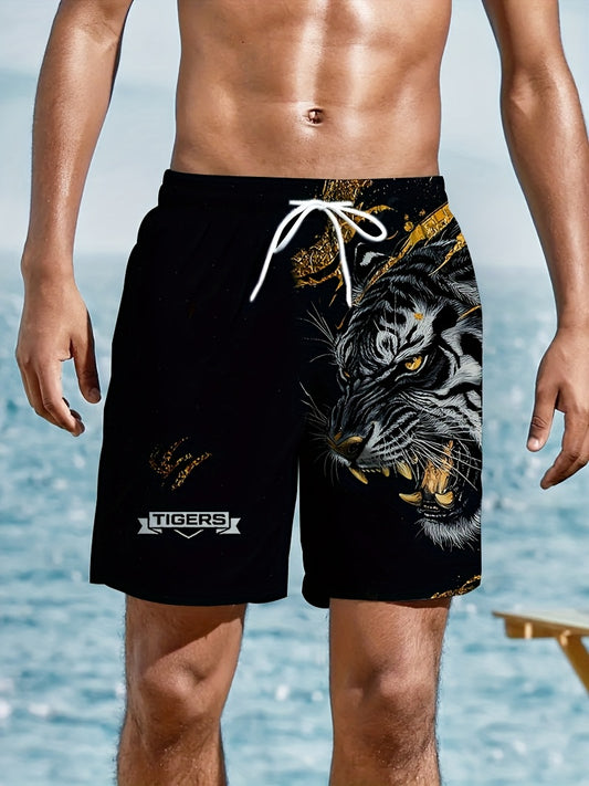 Short Homme Motif Tigre Noir et Or Cordon Serrage 100% Polyester Coupe Standard - Decontracte Plage FR S-XXL