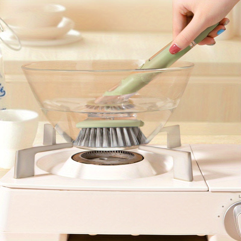 Brosse vaisselle ergonomique distributeur savon integre - Manche allonge, tete interchangeable, plastique, vert