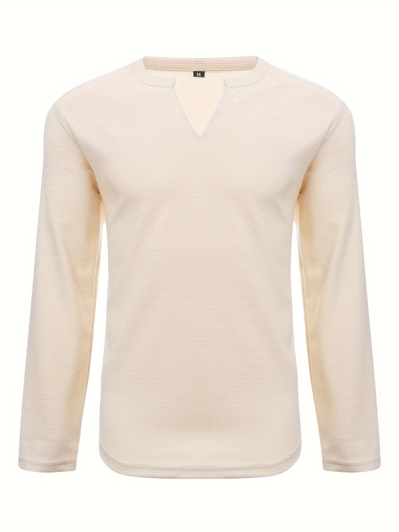 T-Shirt Homme Manches Longues Col en V Gaufre - Slim, 100% Polyester, Blanc Beige Noir, S-XXXL