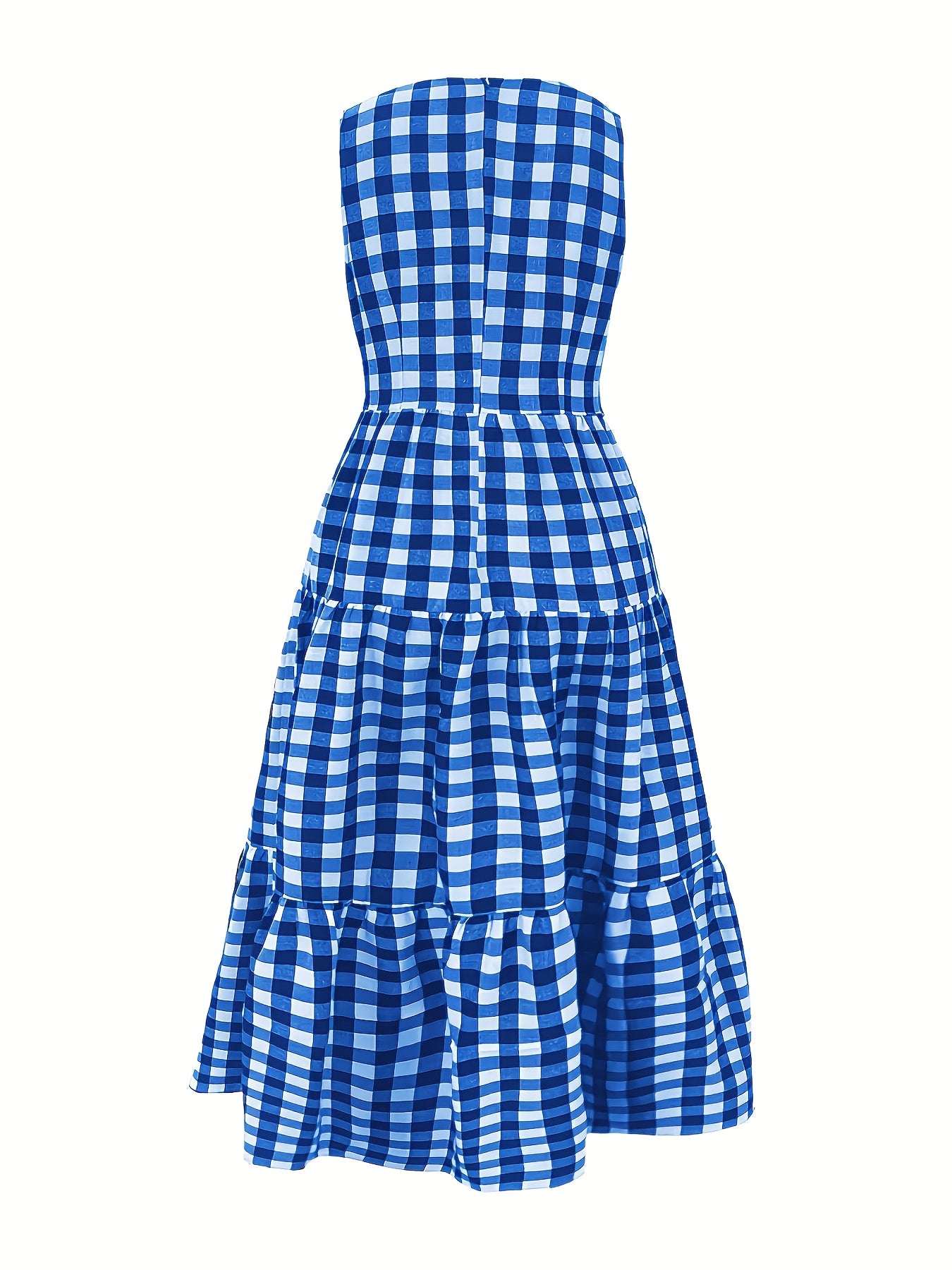 Robe ete femme carreaux sans manches - Col rond, coupe ajustee evasee, jupe multicouche, boutons, bleu ou noir, S a XXL