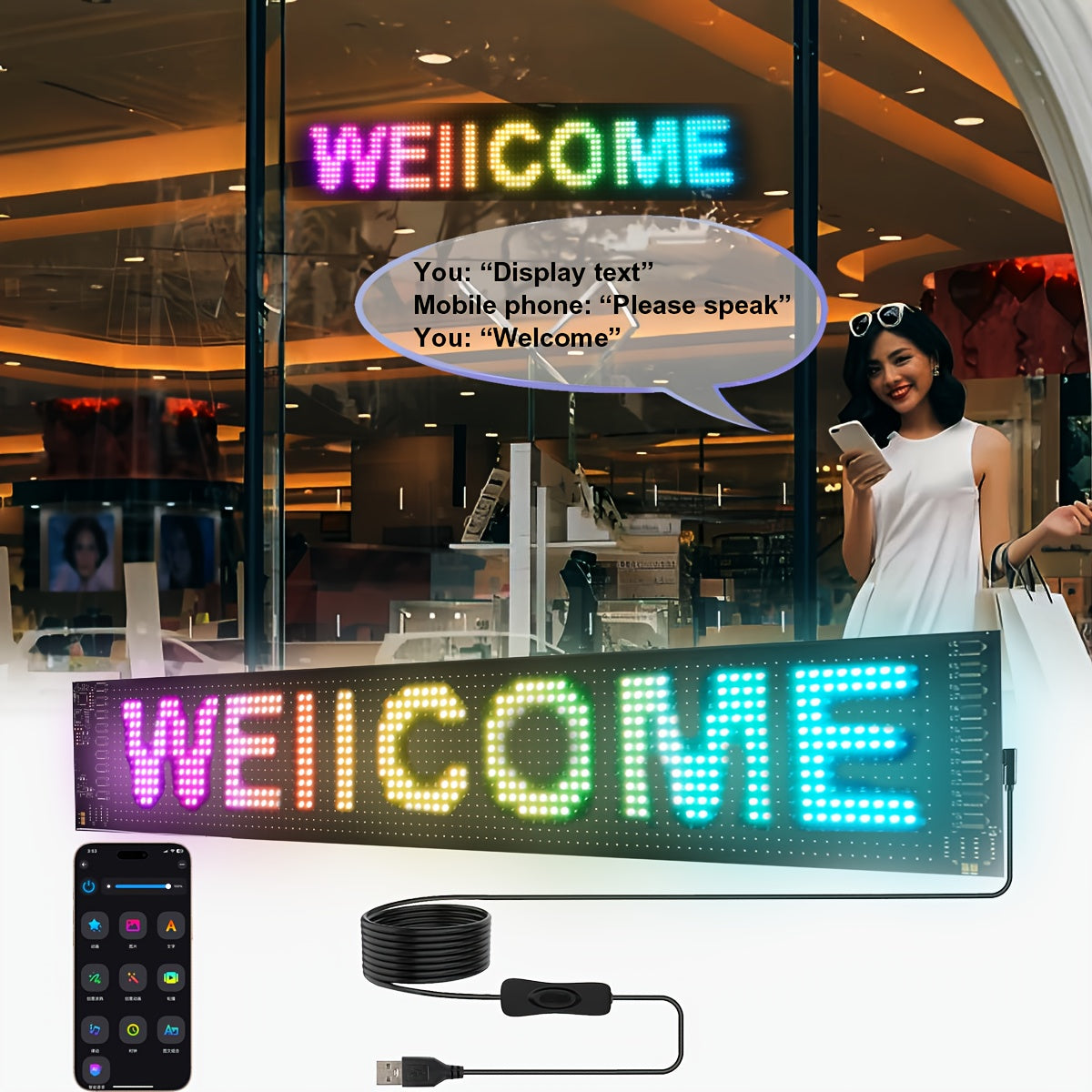 Ecran LED Flexible Controle Vocal Sans Fil Application IA - Lunette Arriere Voiture Vitrine Magasin 3 Tailles
