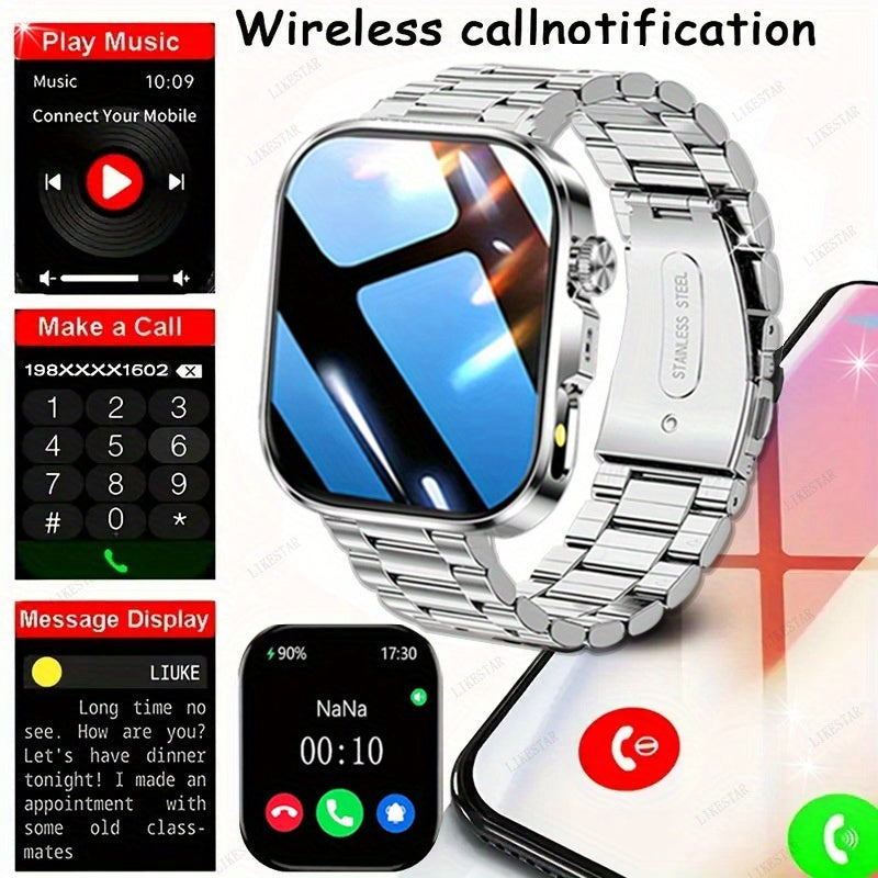 Montre Connectee Tactile Bracelet Acier Inoxydable Ecran HD 2.01 Pouces Recharge Magnetique - Appels Notifications Lampe Torche LED Style Business Decontracte