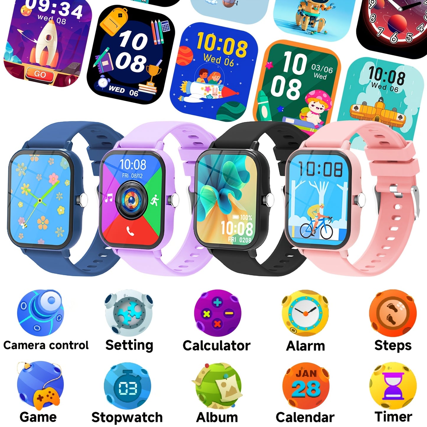 Montre Connectee Enfants Educative - Jeux, Musique, Photo Distance, Calculatrice, Reveil, Bracelet Silicone, 4 Coloris