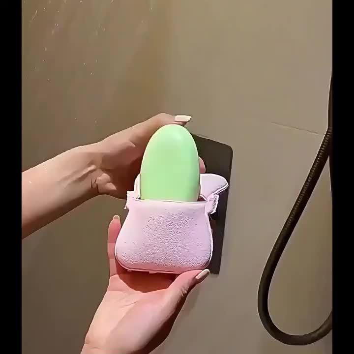 Porte-savon elastique antiderapant avec eponge luffa exfoliante - Cordelette ajustable, douche et baignoire