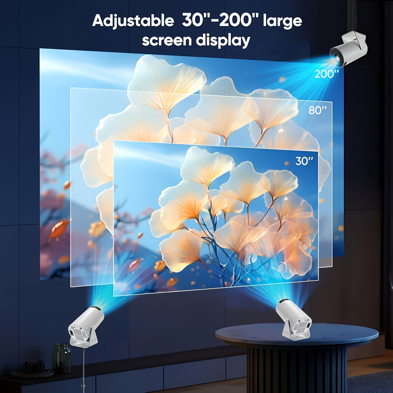 Mini projecteur Full HD 1080p with adjustable screen display sizes from 30 to 200 inches, showcasing a floral image.