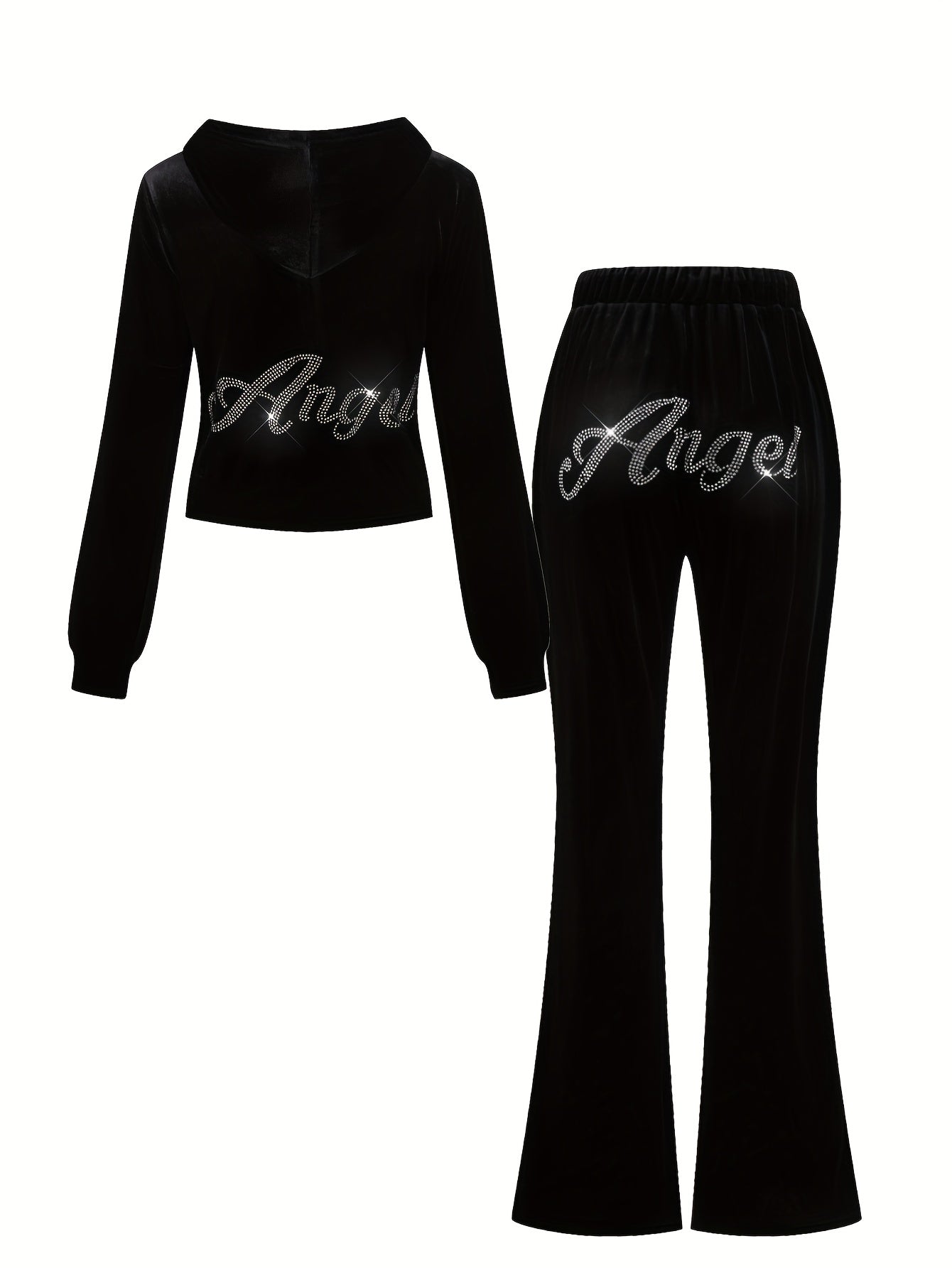 Ensemble Jogging Femme Strass - Hoodie Zippe et Pantalon Poches Noir