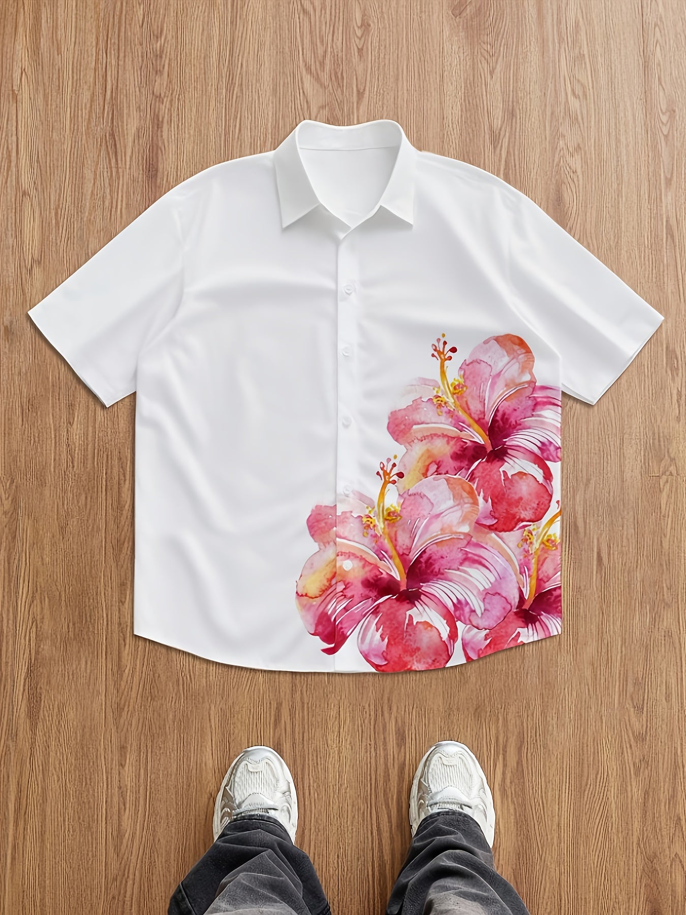 T-Shirt Homme Manches Courtes Col a Revers Imprime Floral - Boutons, 100% Polyester, Style Decontracte, Blanc, FR S au FR XXL