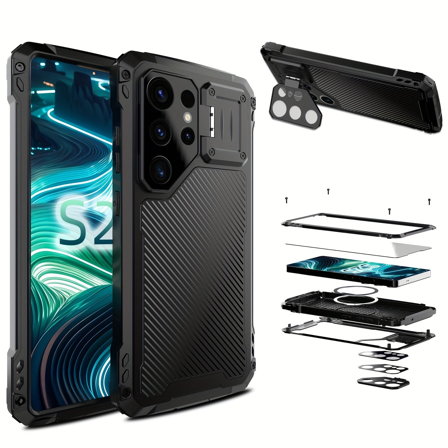 Coque Samsung Galaxy S23 S24 S25 Ultra Metal Magnetique Antichoc - Aluminium, Chargement Sans Fil, Protection Lentilles, Support, 3 Coloris