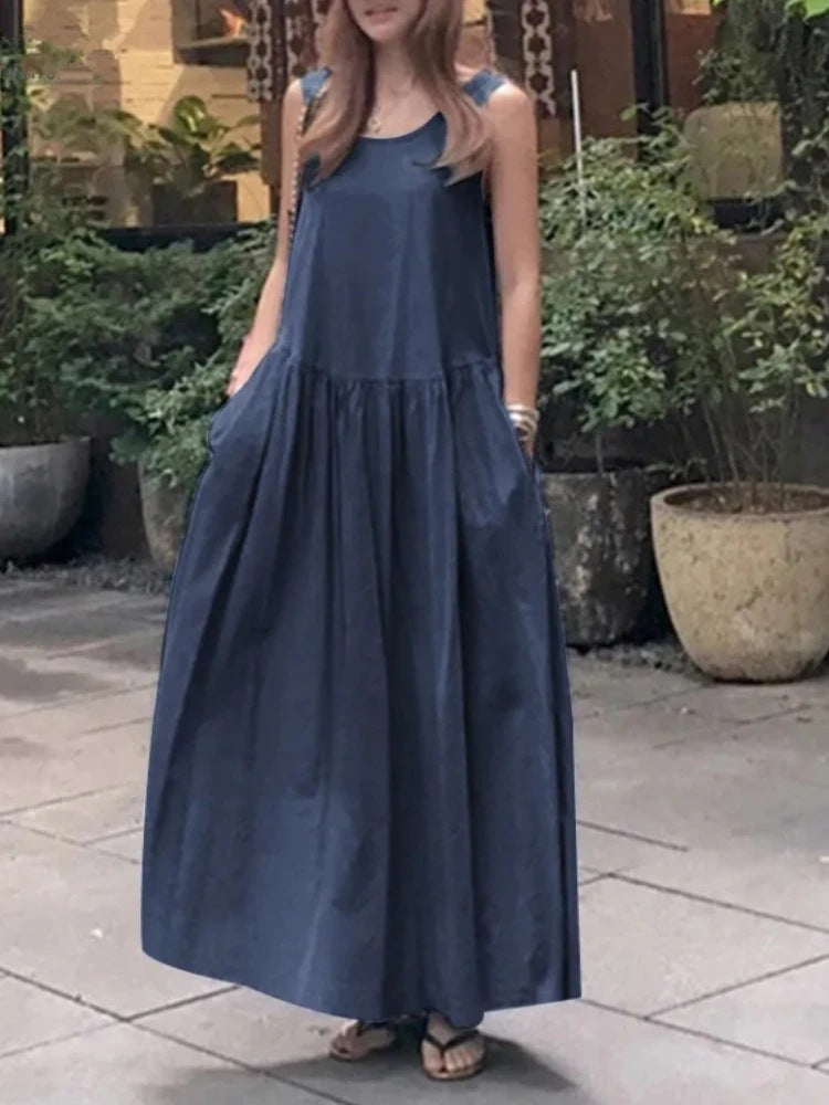 Robe longue ample à col rond et sans manches, grande taille, couleur unie - Topdecheztop.fr