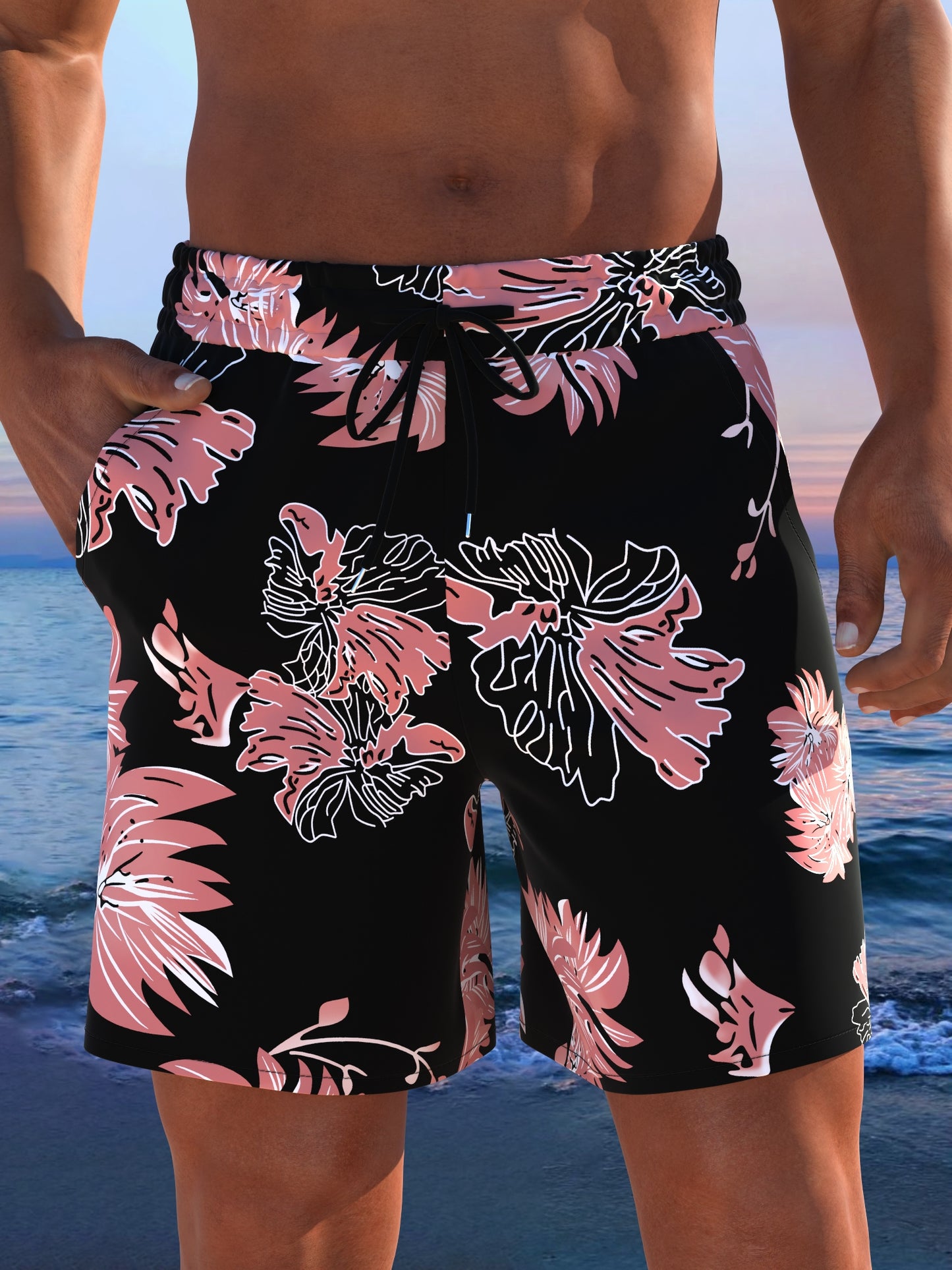 Short de plage homme imprimé tropical cordon ajustable - Coupe ample, séchage rapide
