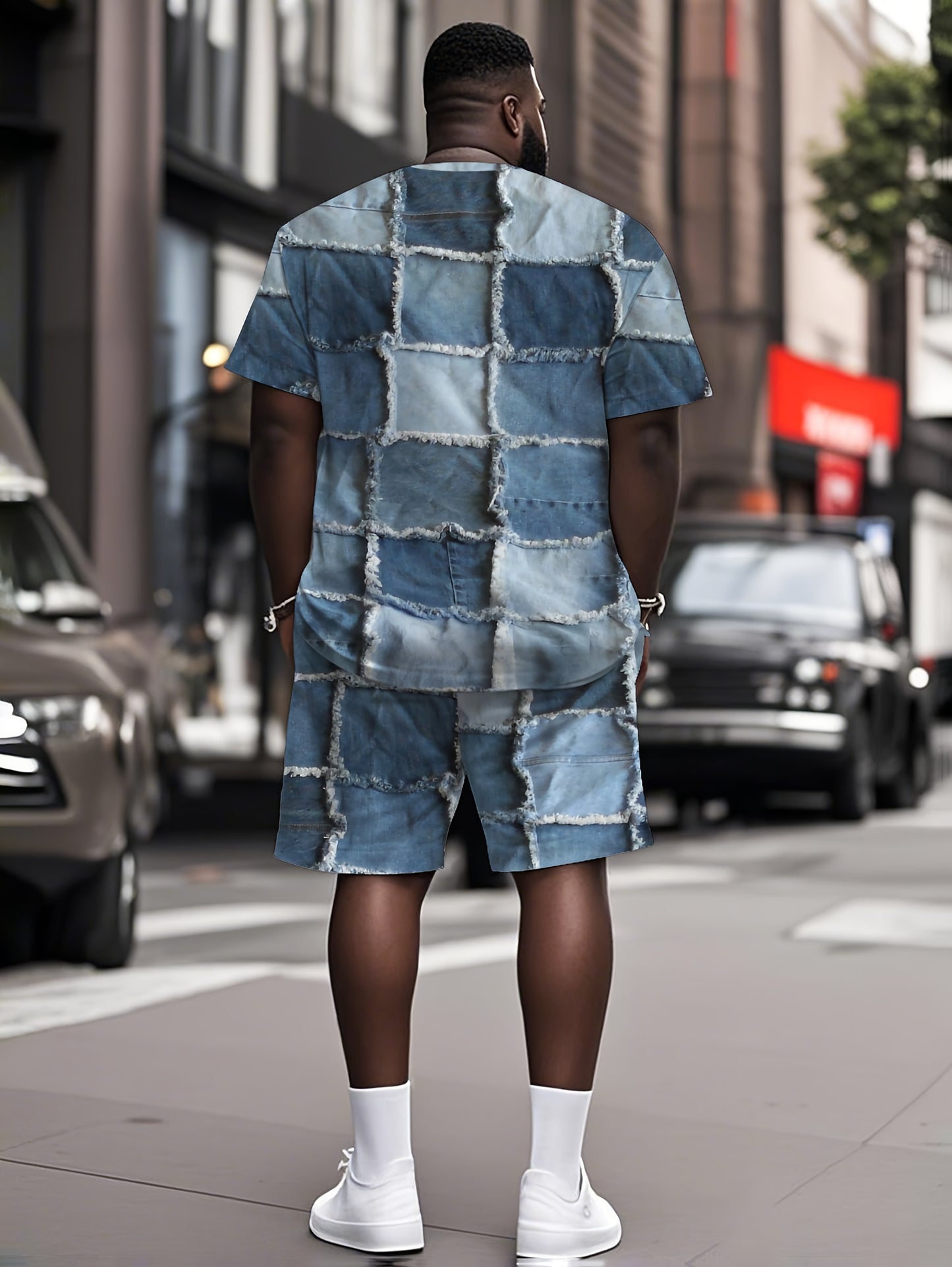 Ensemble t-shirt et short en denim patchwork, motif unique - Topdecheztop.fr