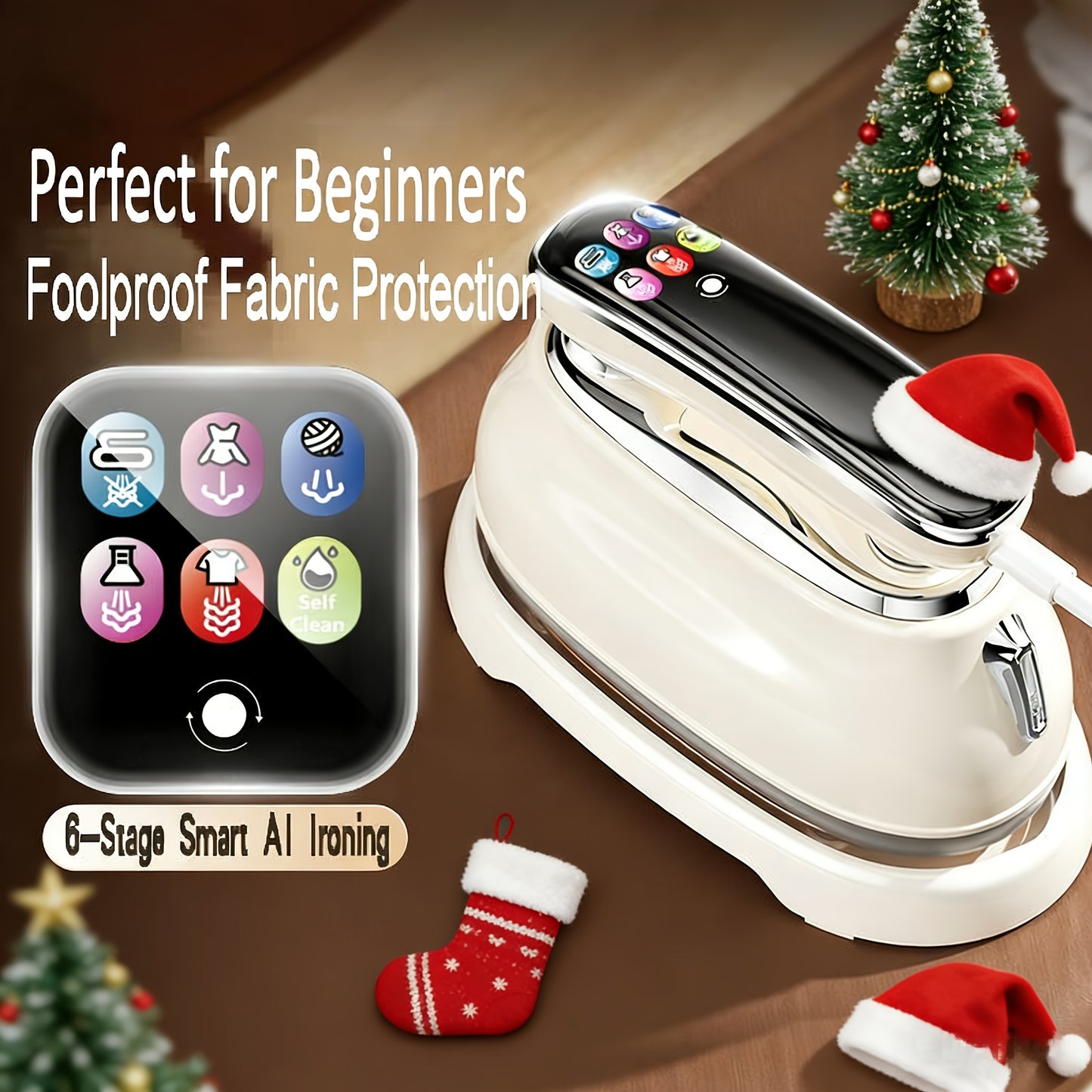 Fer a Repasser Vapeur Intelligent 6 Temperatures Autonettoyage Ecran HD Reservoir 160ml - 220-240V Beige Noir