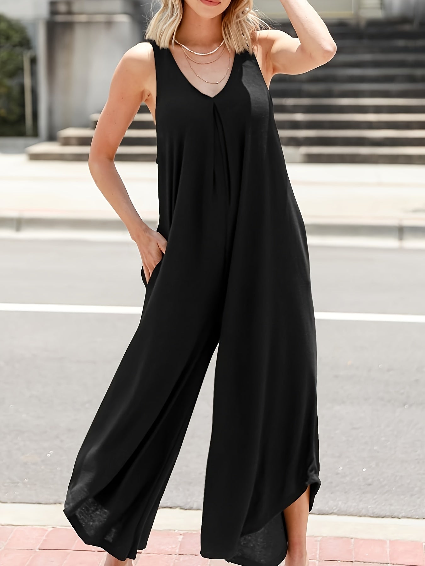 Combinaison Palazzo Femme — Sans Manches, Col en V, Poches, 95% Polyester, 8 Coloris, S-XXL