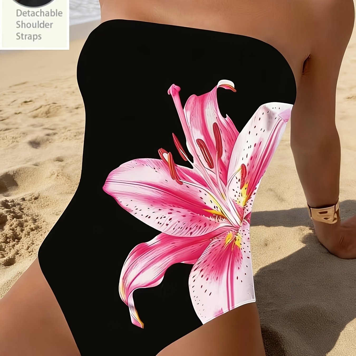 Maillot de Bain 1 Piece Femme Bandeau Epaules Denudees Imprime Floral - Rembourrage Amovible, Tissu Stretch, Noir, S au XL