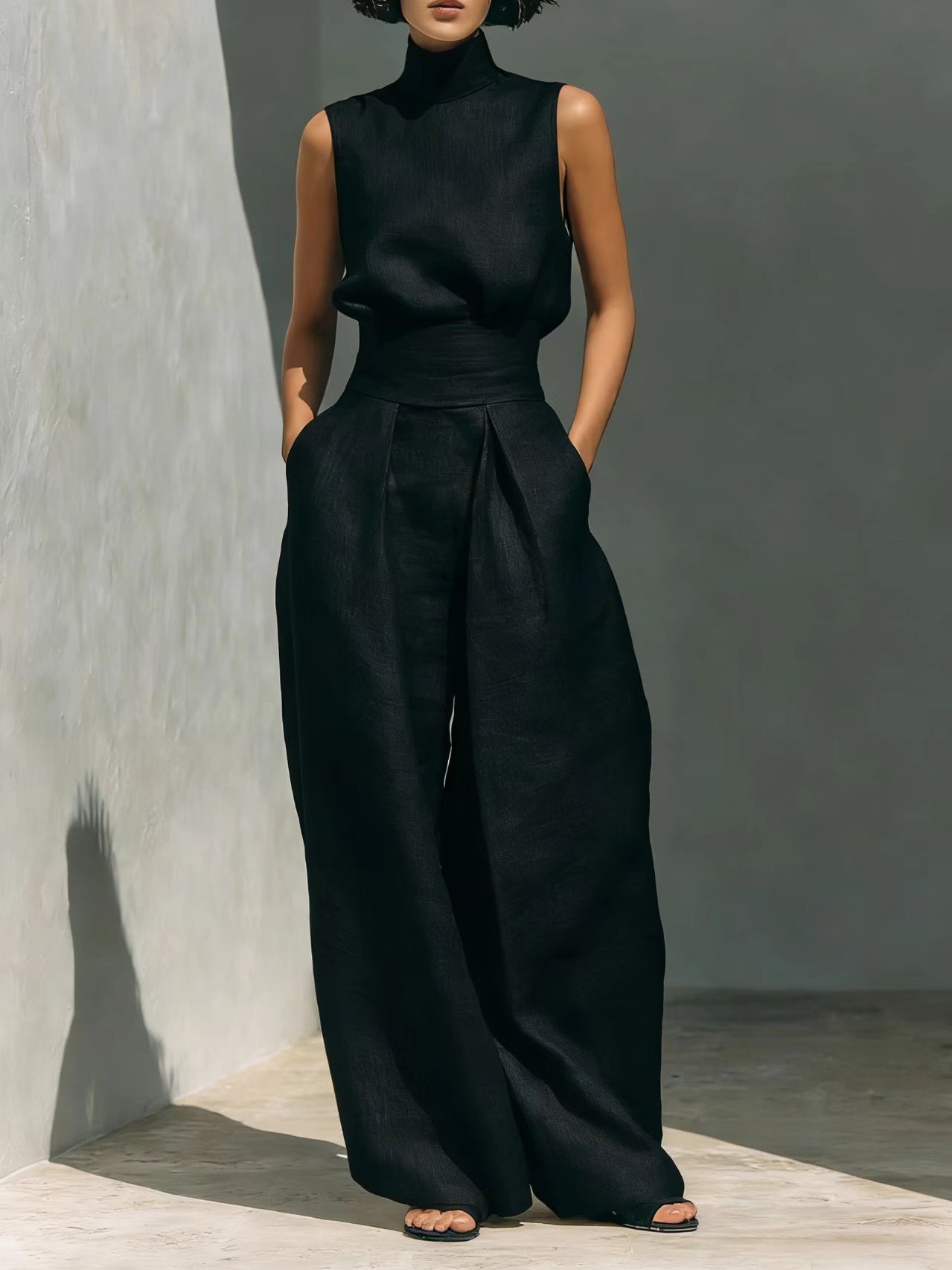 Ensemble Decontracte Sans Manches Femme - Pull Col Montant et Pantalon Large