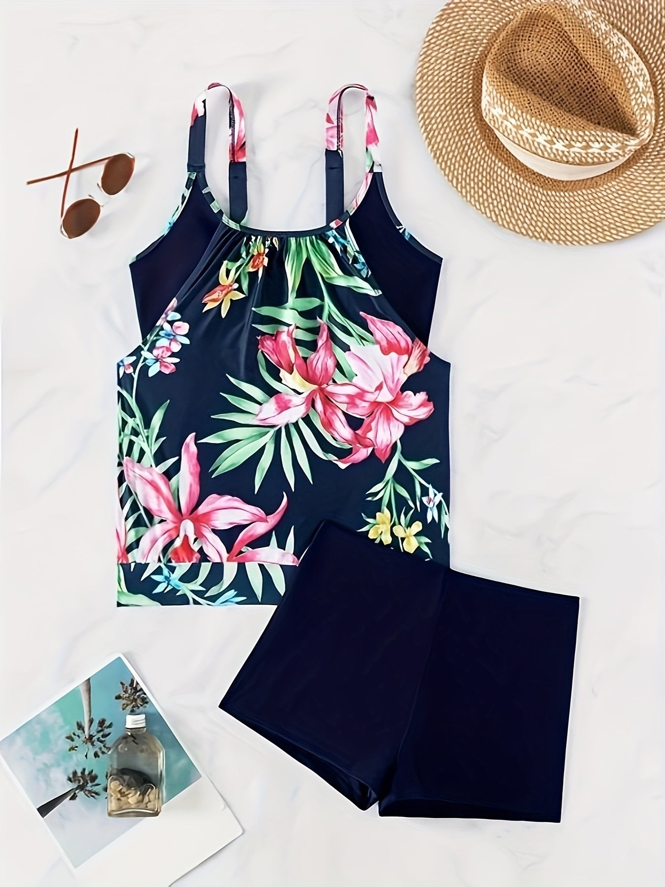 Tankini 2 Pièces Femme — Haut Col Rond & Short Imprimé Floral, 82% Polyester, S-XXL