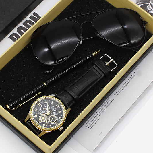 Coffret Cadeau Homme – Montre Quartz + Lunettes + Stylo, Ultra-Fine 8mm 🕹️⌚🕶️