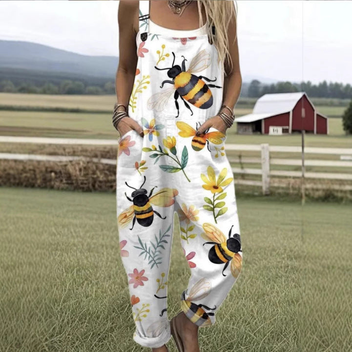 Pantalon a Bretelles Femme Imprime 3D Numerique Lin de Bambou Style Coreen - S a 5XL