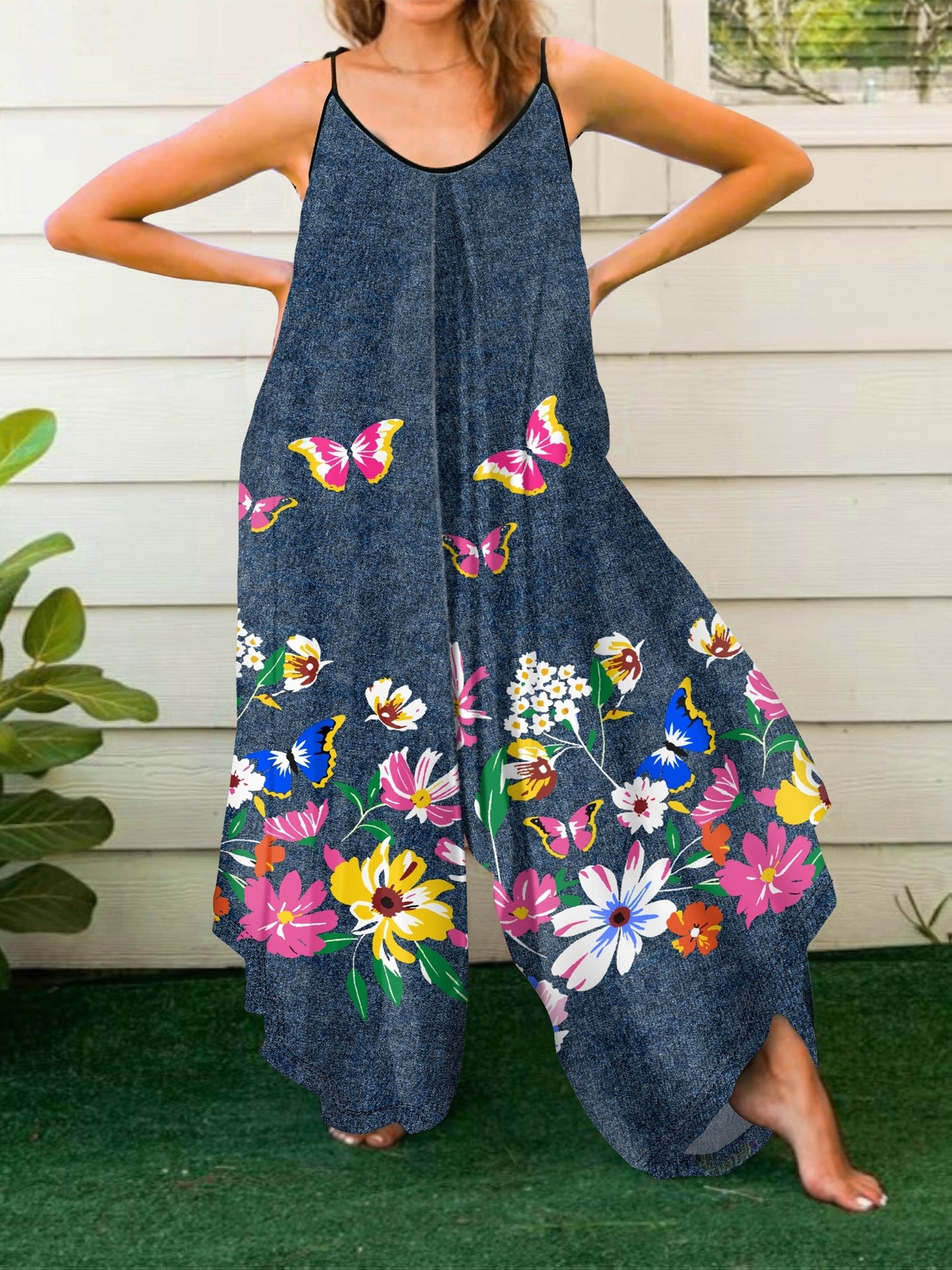 Combinaison Grande Taille Imprimé Papillons – Bretelles Spaghetti, Style Vacances Été | Bleu | L au 4XL