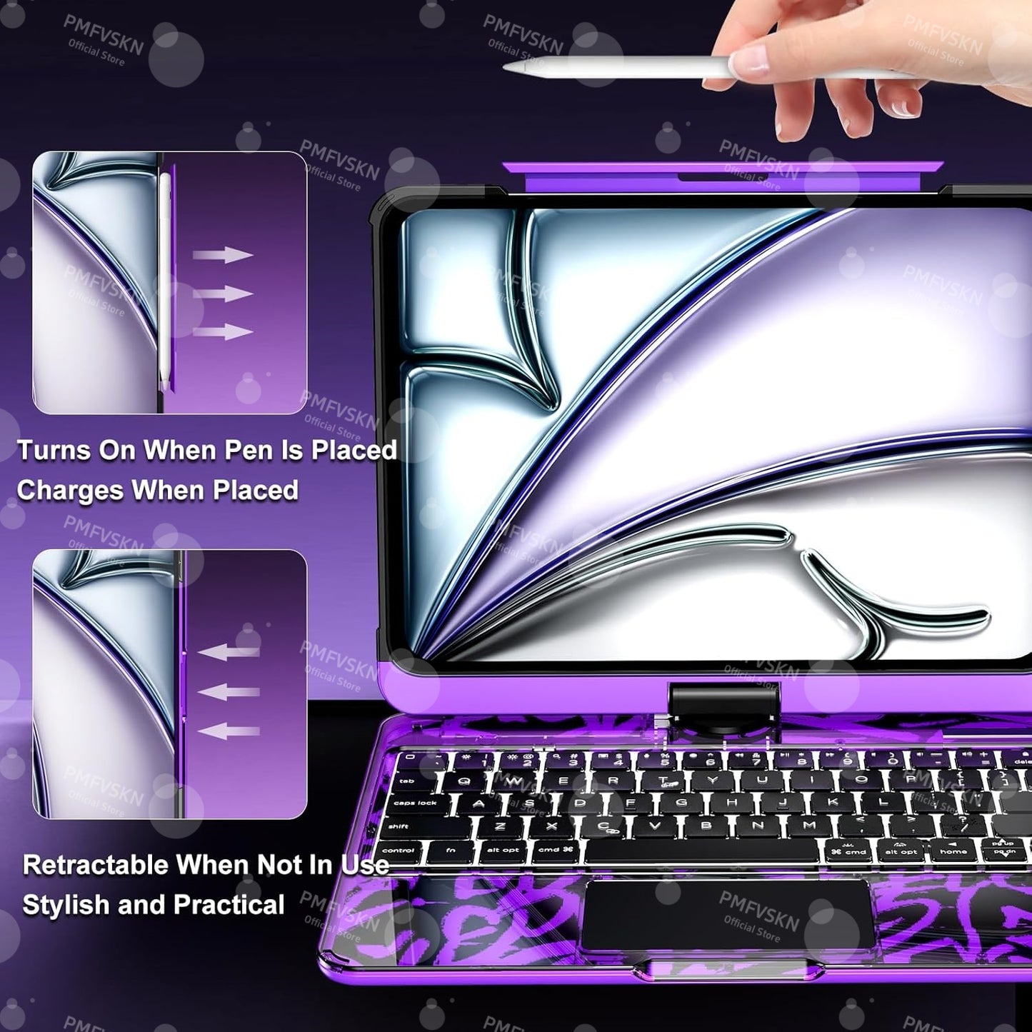 Étui Clavier Bluetooth iPad Transparent Rotatif 360° - Pavé Tactile Porte-Crayon Rétroéclairage 7 Couleurs