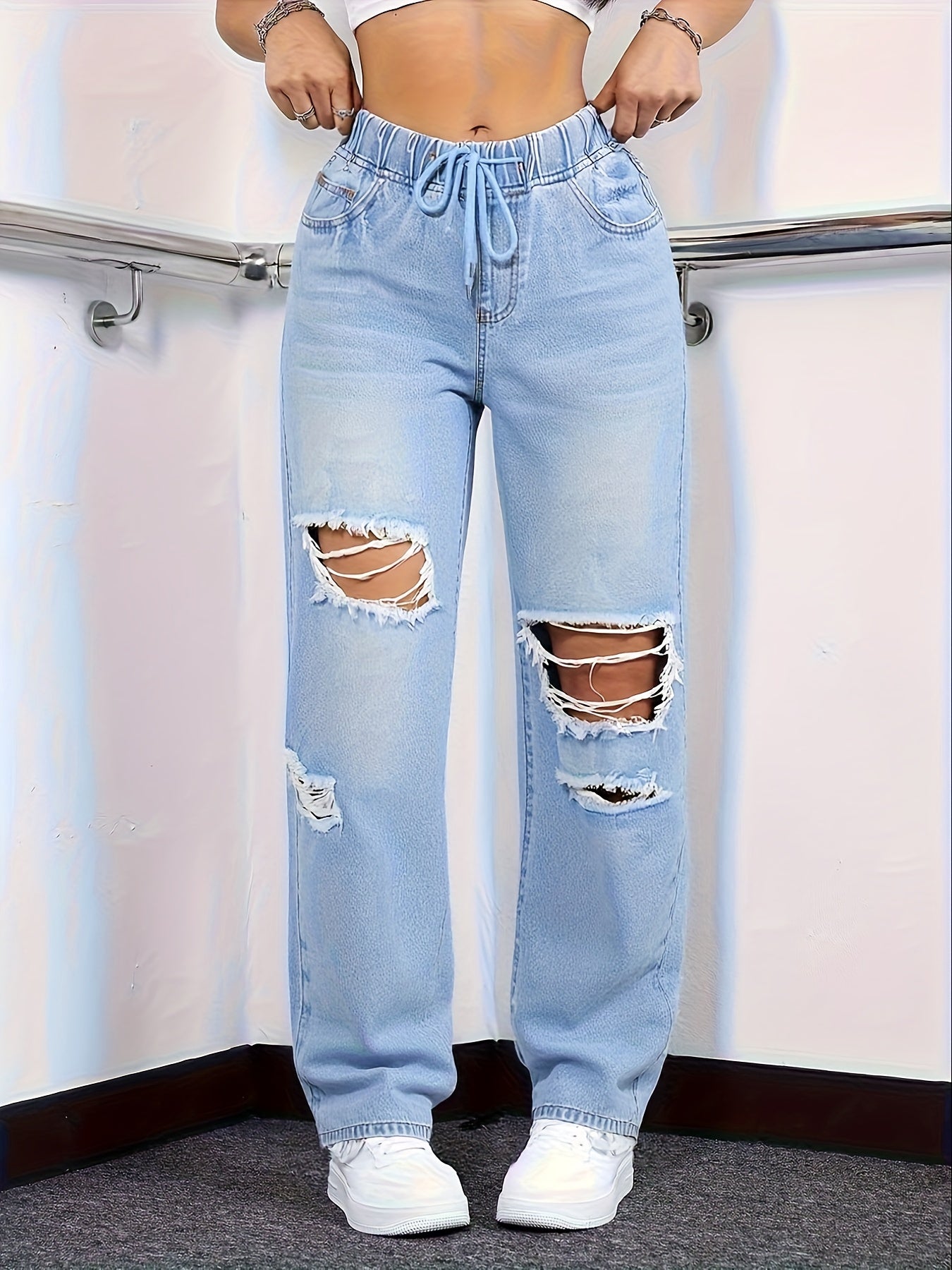 Jean Denim Stretch Taille Haute Femme - Jambes Droites Style Street