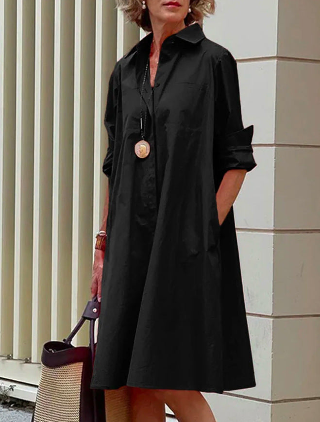 Robe Chemise Manches Longues Femme – Col Polo, Couleur Unie, Mi-Longue Grande Taille