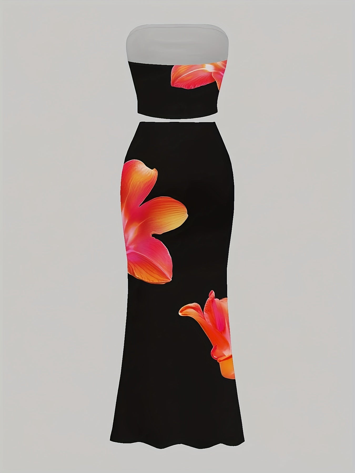 Ensemble 2 Pieces Femme Noir Sans Bretelles - Imprime Floral, Tissu Stretch, Style Elegant, XS au XL