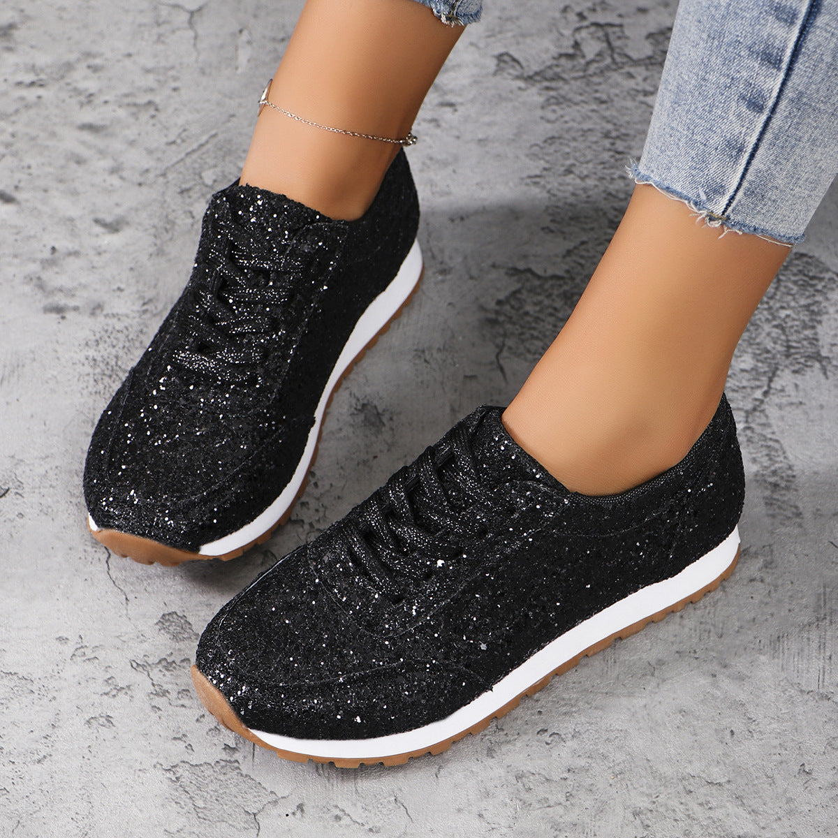 Chaussures Plates Paillettes Femme – Lacets, Bout Rond, Semelle Caoutchouc