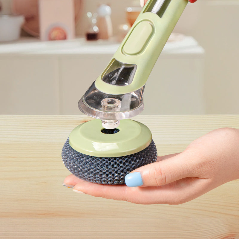 Brosse vaisselle ergonomique distributeur savon integre - Manche allonge, tete interchangeable, plastique, vert