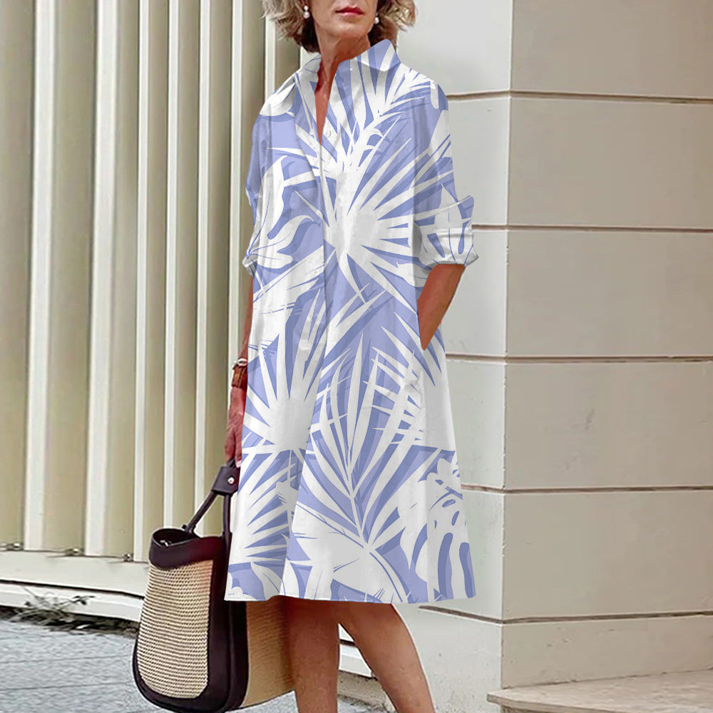 Robe Chemise Ample Imprimé 3D Femme – Style Chinois Rétro, Manches Longues, Mi-Longue