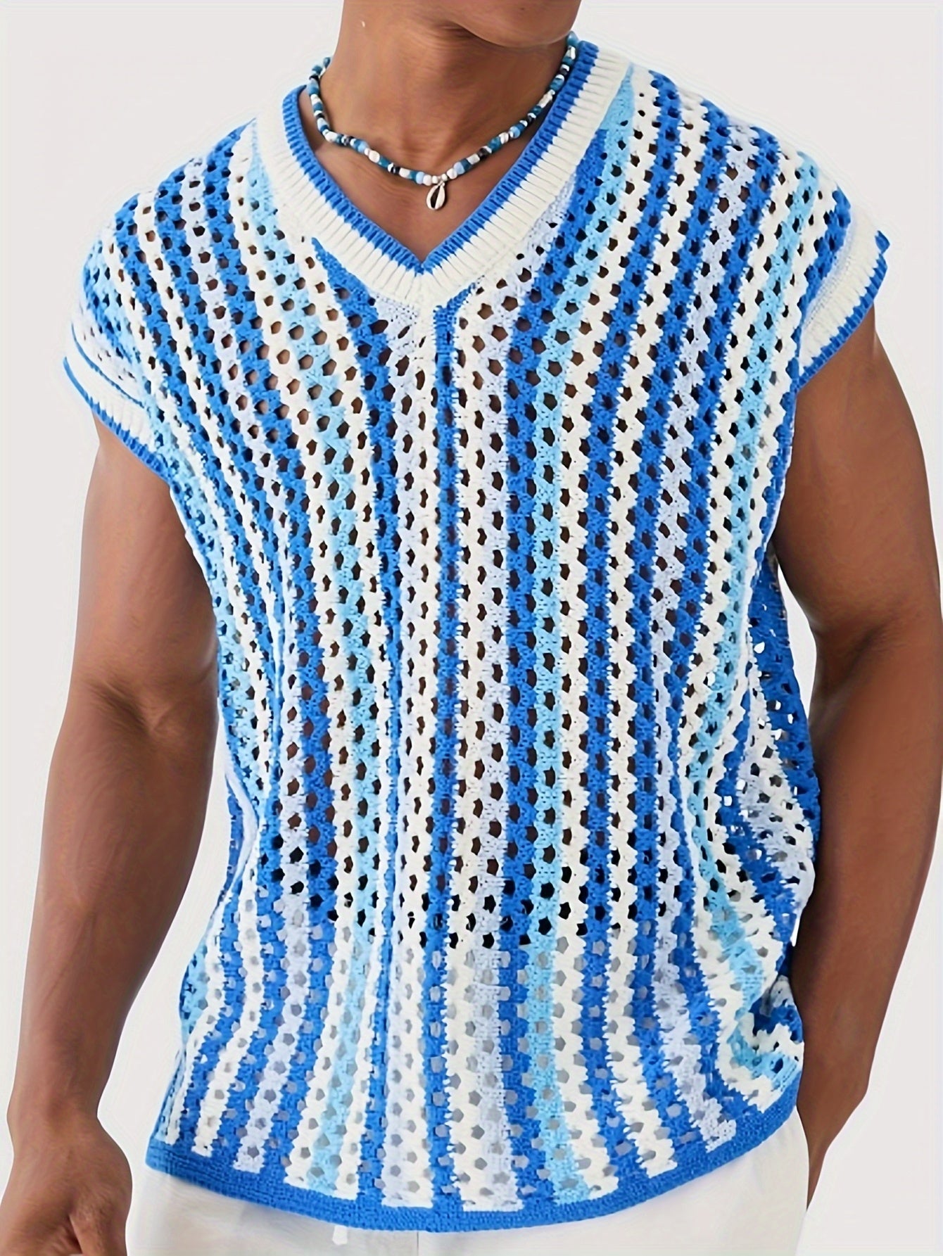 Gilet Ajoure Crochet Col V Sans Manches - Style Vacances Rayures FR S a XXL