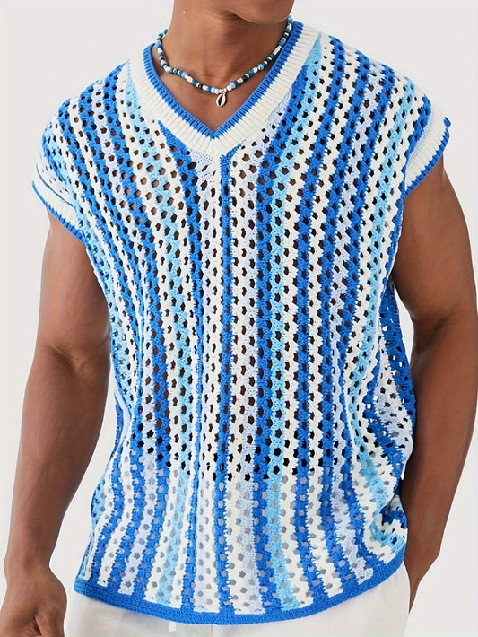 Gilet Ajoure Crochet Col V Sans Manches - Style Vacances Rayures FR S a XXL