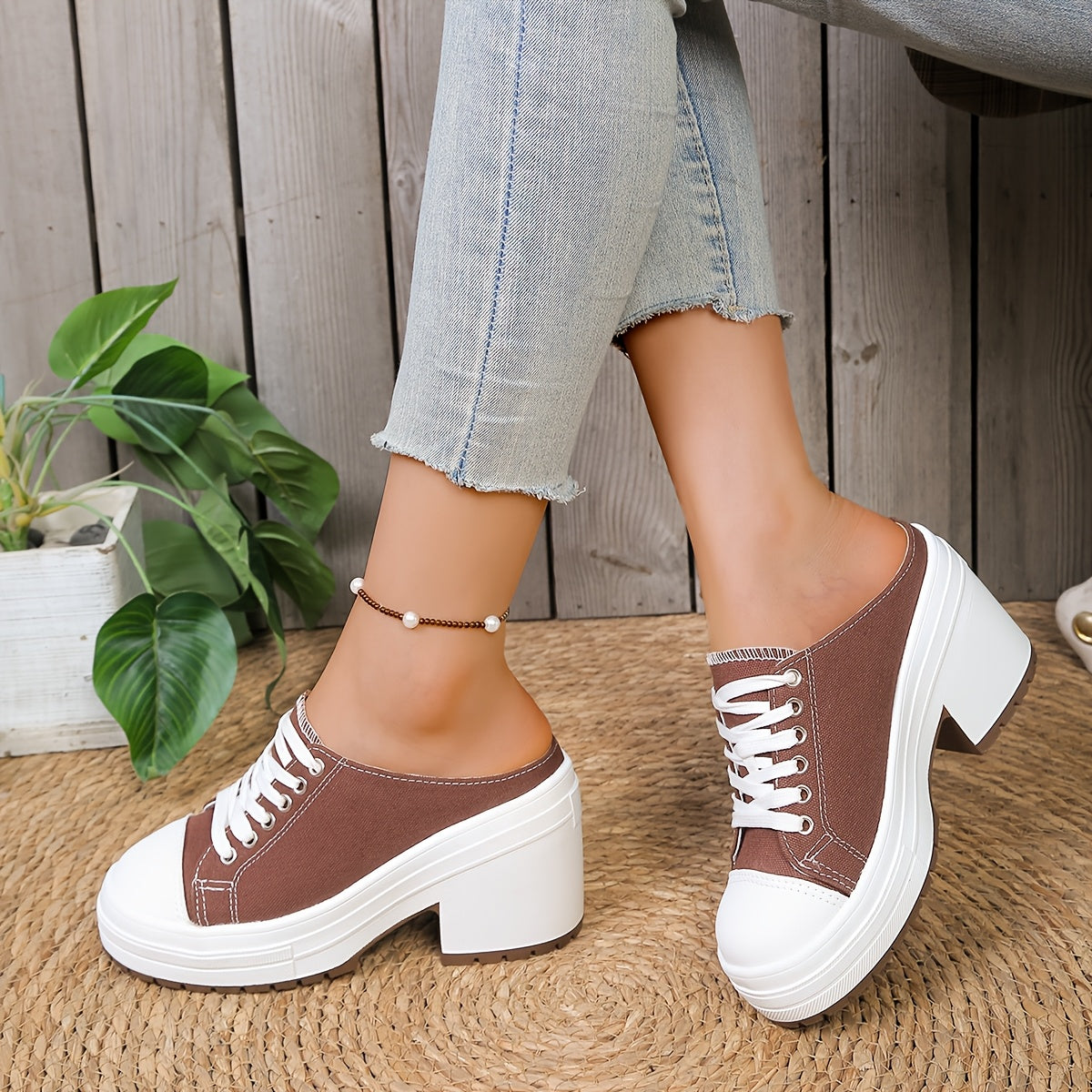 Mules Femme Talon Compense Lacets Tissu Semelle PU - Bout Rond Decontracte Noir Marron EU 36-42