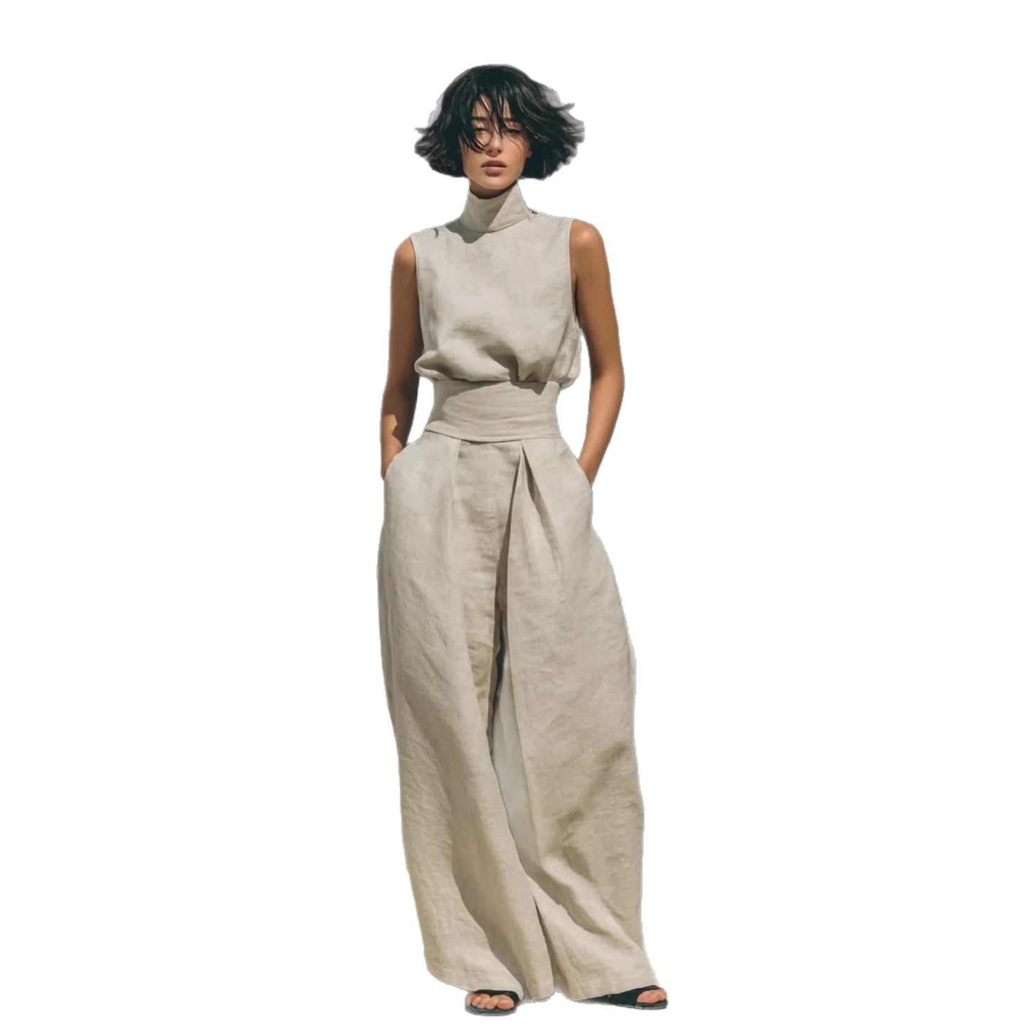 Ensemble Decontracte Sans Manches Femme - Pull Col Montant et Pantalon Large