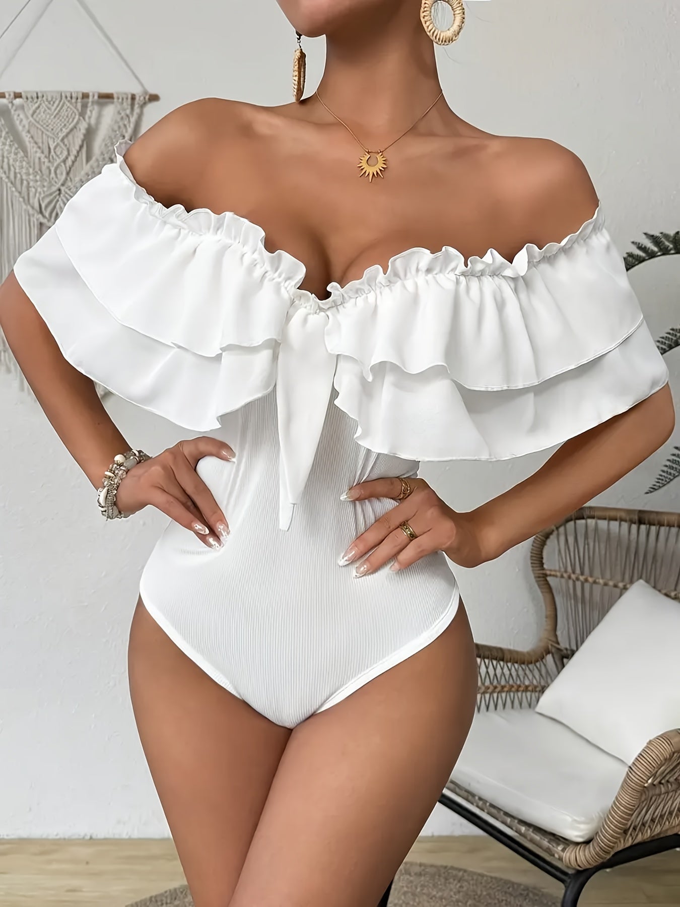 Maillot de Bain Une Piece Femme Epaules Denudees Volants Couleur Unie - 95% Polyester Elasthanne Style Vacances Blanc XS-XL