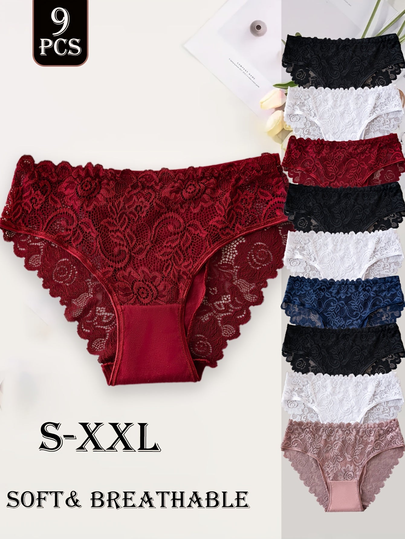 Lot de 9 culottes femme en coton avec dentelle - Couleur unie, style élégant, confort quotidien
