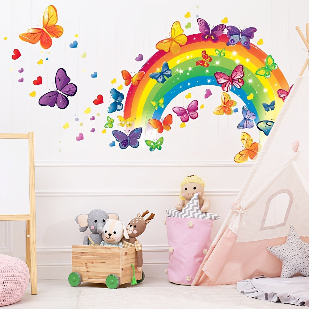 Colorful Rainbow Arch with Butterfly, Heart & Star Patterns Wall Decal - PVC Self-Adhesive Removable Sticker for Living Room, Bedroom, Dining Room, Study, Entryway - 39x49cm, Rainbow Room Decor - Topdecheztop.fr