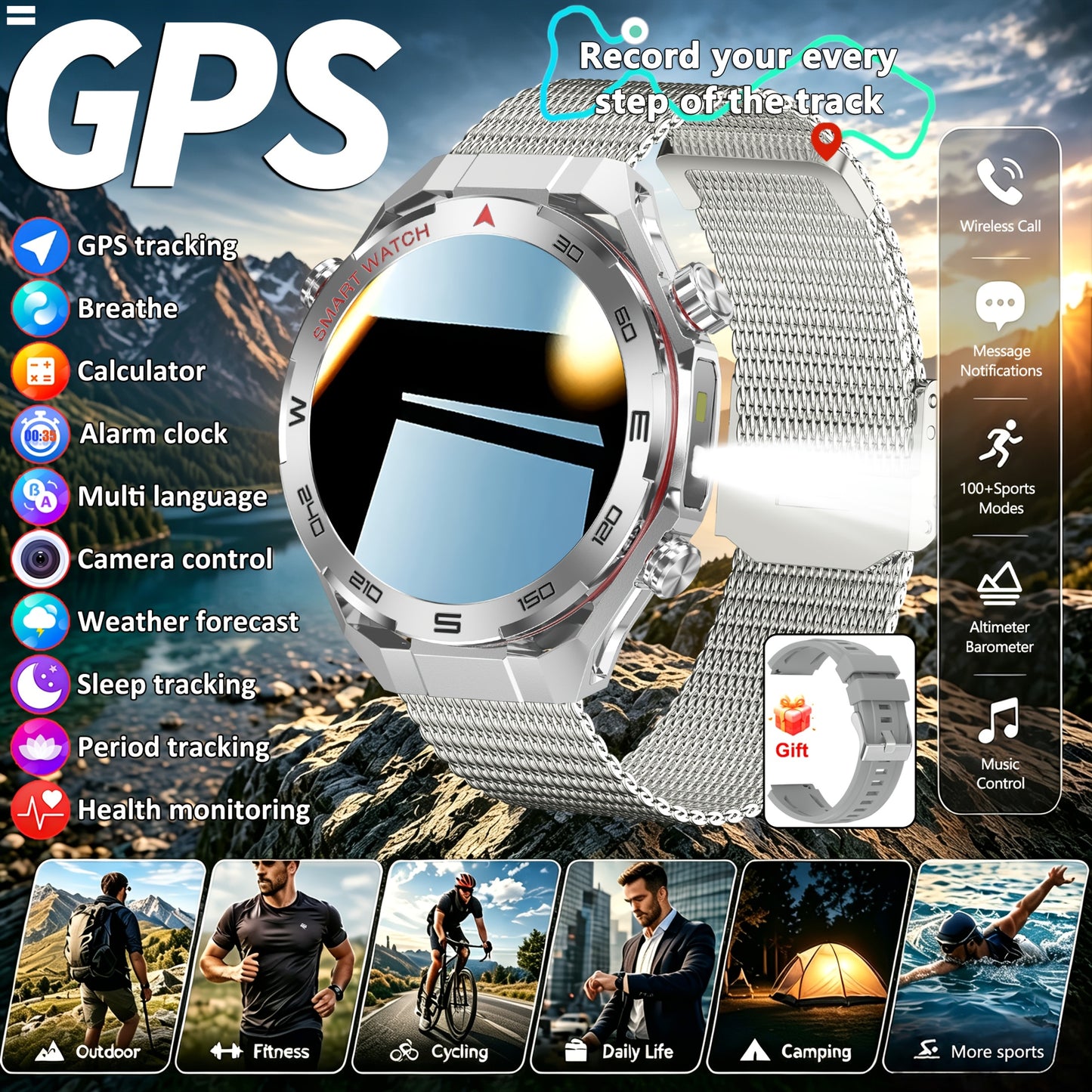 Montre Connectee Sport Homme GPS Integre - Ecran IPS HD 1.5 Pouces, Lampe Torche LED, Altimetre, Bluetooth 5.0