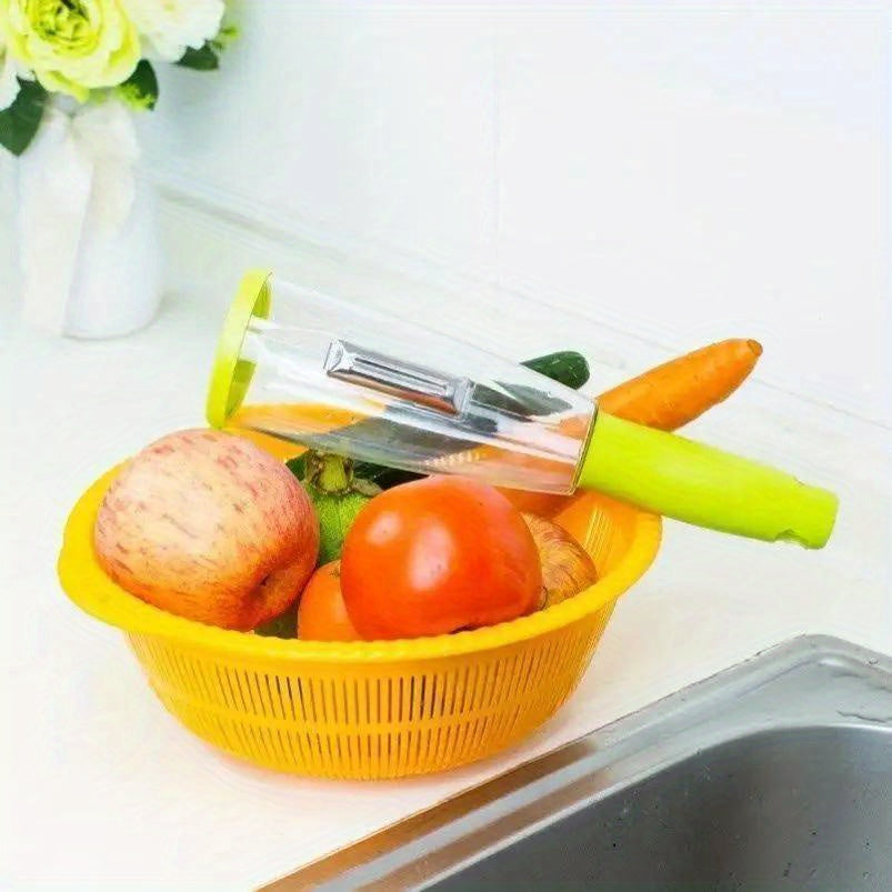 Eplucheur Multifonctionnel avec Etui de Rangement - Fruits et Legumes, Lame Dentelee, Contact Alimentaire, 2 Coloris