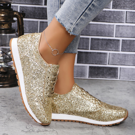 Chaussures Plates Paillettes Femme – Lacets, Bout Rond, Semelle Caoutchouc