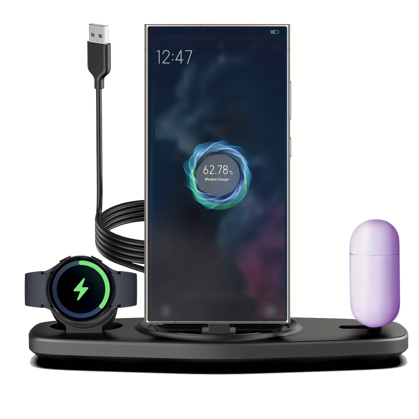 Station de Charge Pliable Portable USB-C - Compatible Samsung Galaxy S25 S24 Ultra Watch 6 5 Pro Noir
