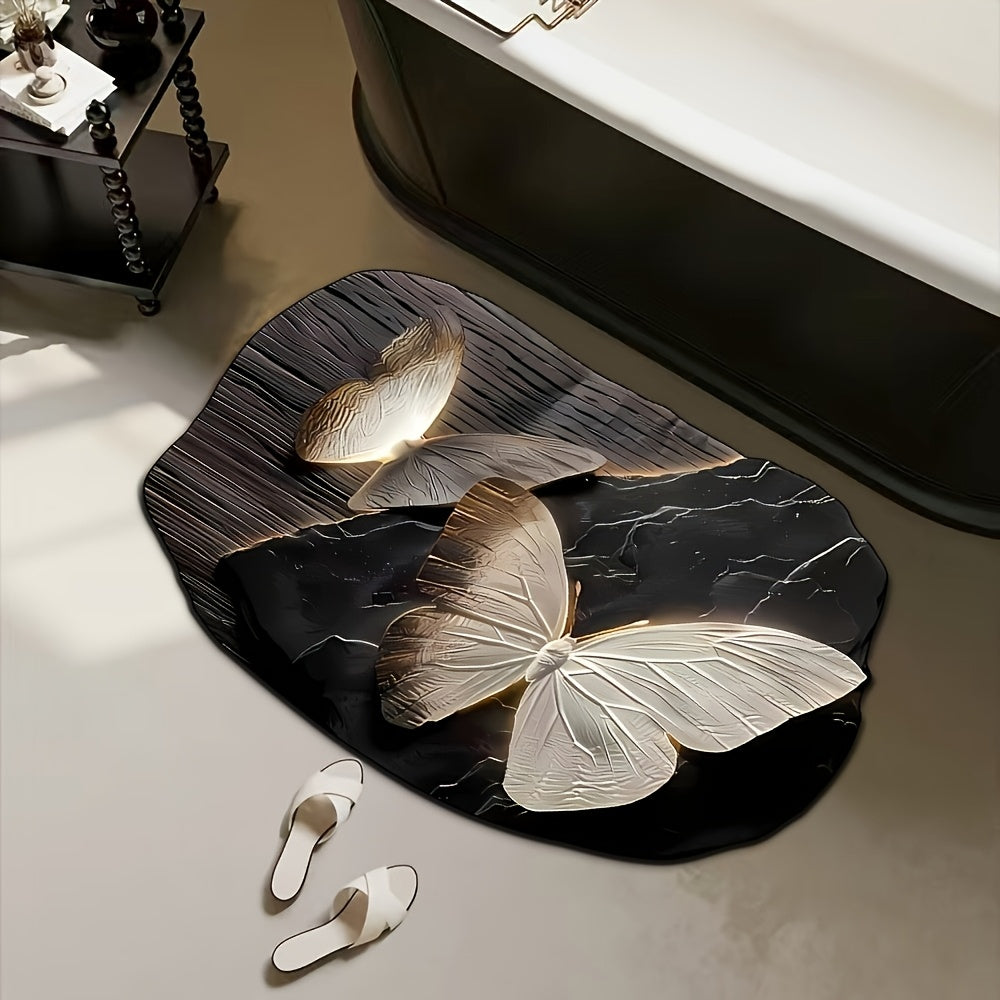 Tapis de Bain Rond Papillon Motif Floral - Antiderapant, Sechage Rapide, 100% Polyester, 40x60 ou 50x80cm