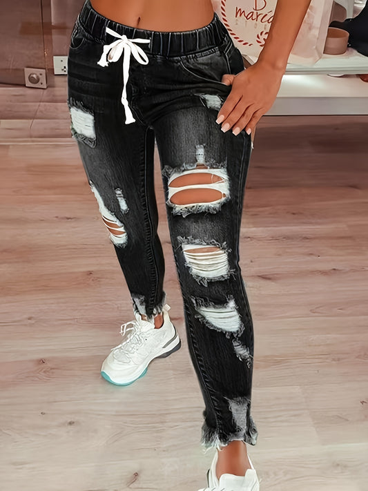 Pantalon Jean Femme Dechiré Style Vintage - Taille Elastique Cordon, Coupe Slim
