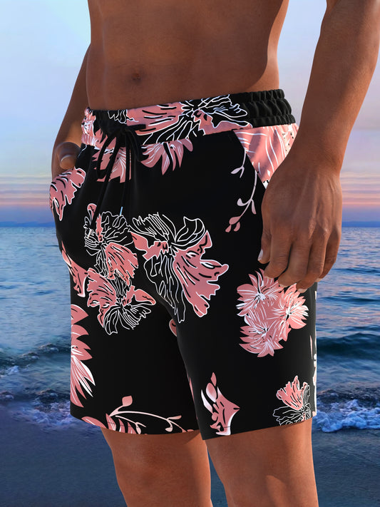 Short de plage homme imprimé tropical cordon ajustable - Coupe ample, séchage rapide